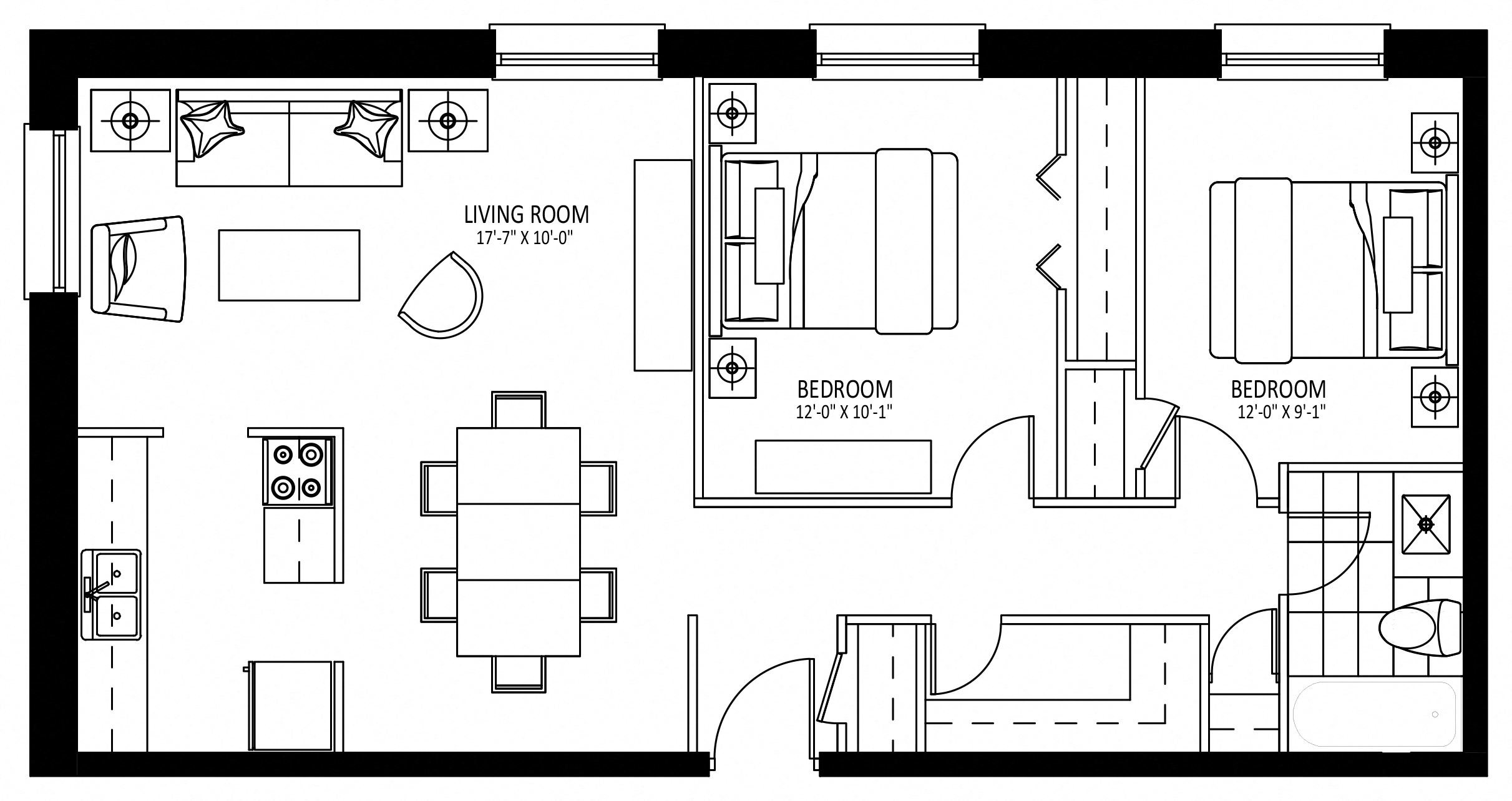 Floor plan for 2 beds, 1 bath, 846 sqft